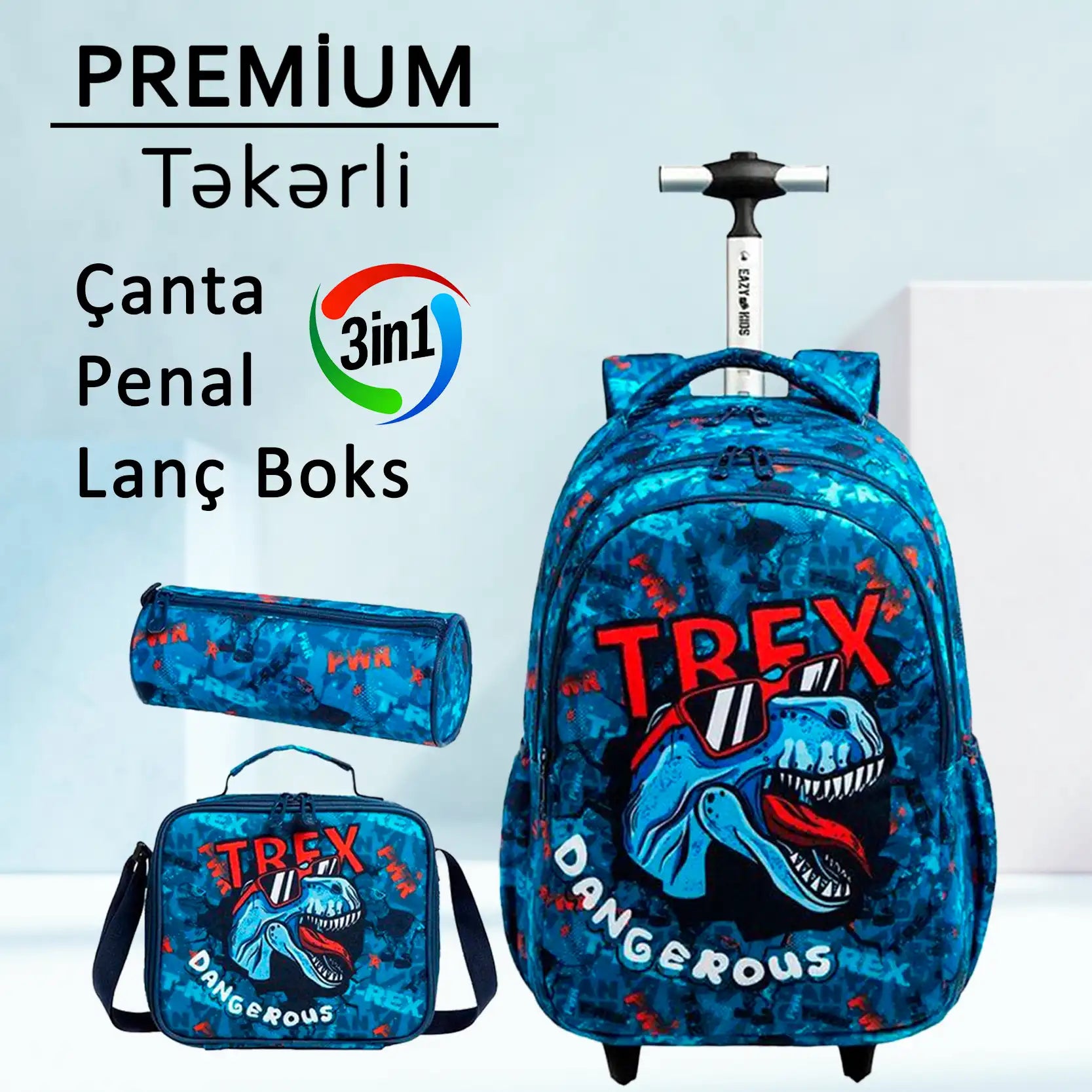 Premium Təkərli çanta dəsti "Jasmine Star T-Rex" Çanta + Lanç Boks + Penal