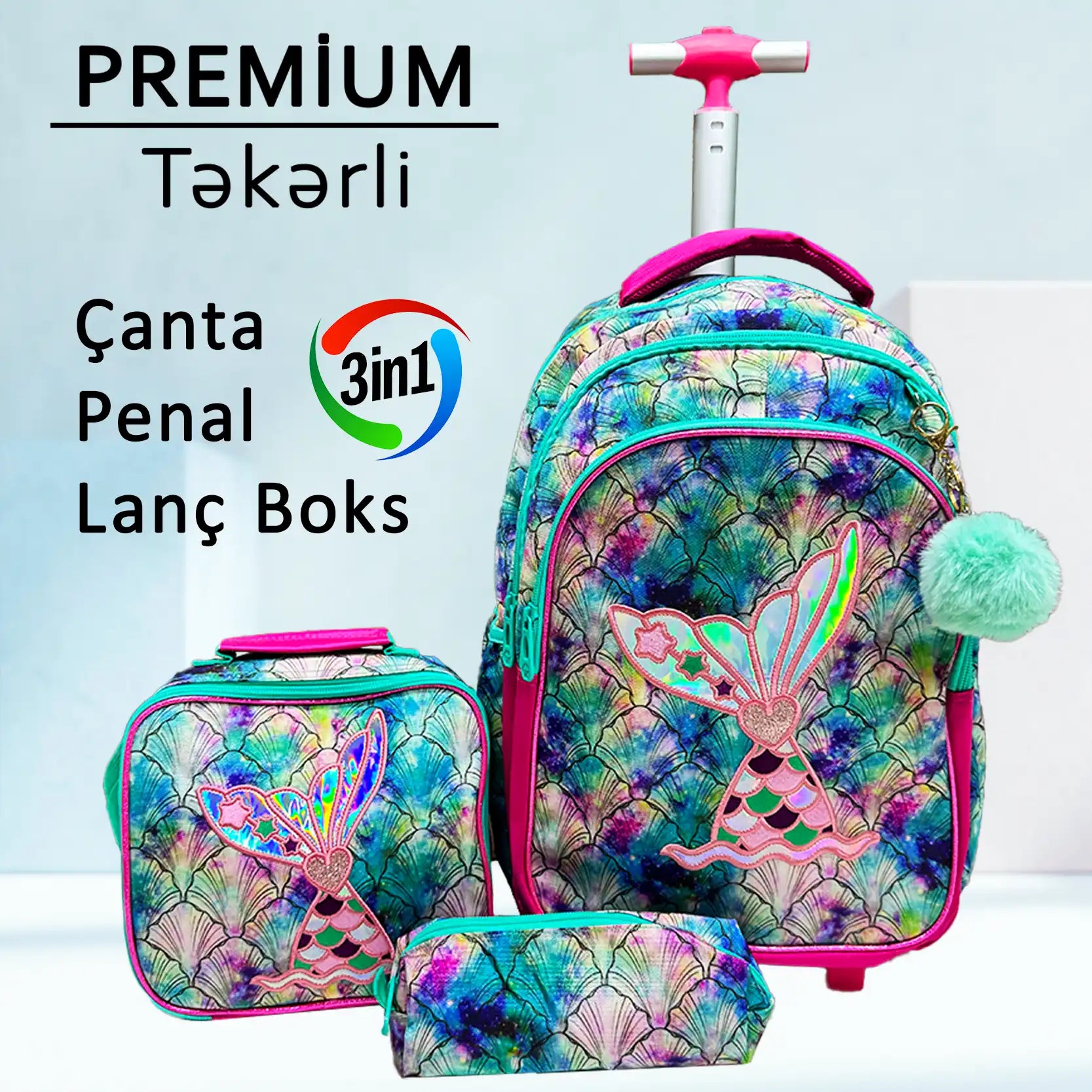 Premium Təkərli çanta dəsti "Jasmine Star Mermaid" Çanta + Lanç Boks + Penal
