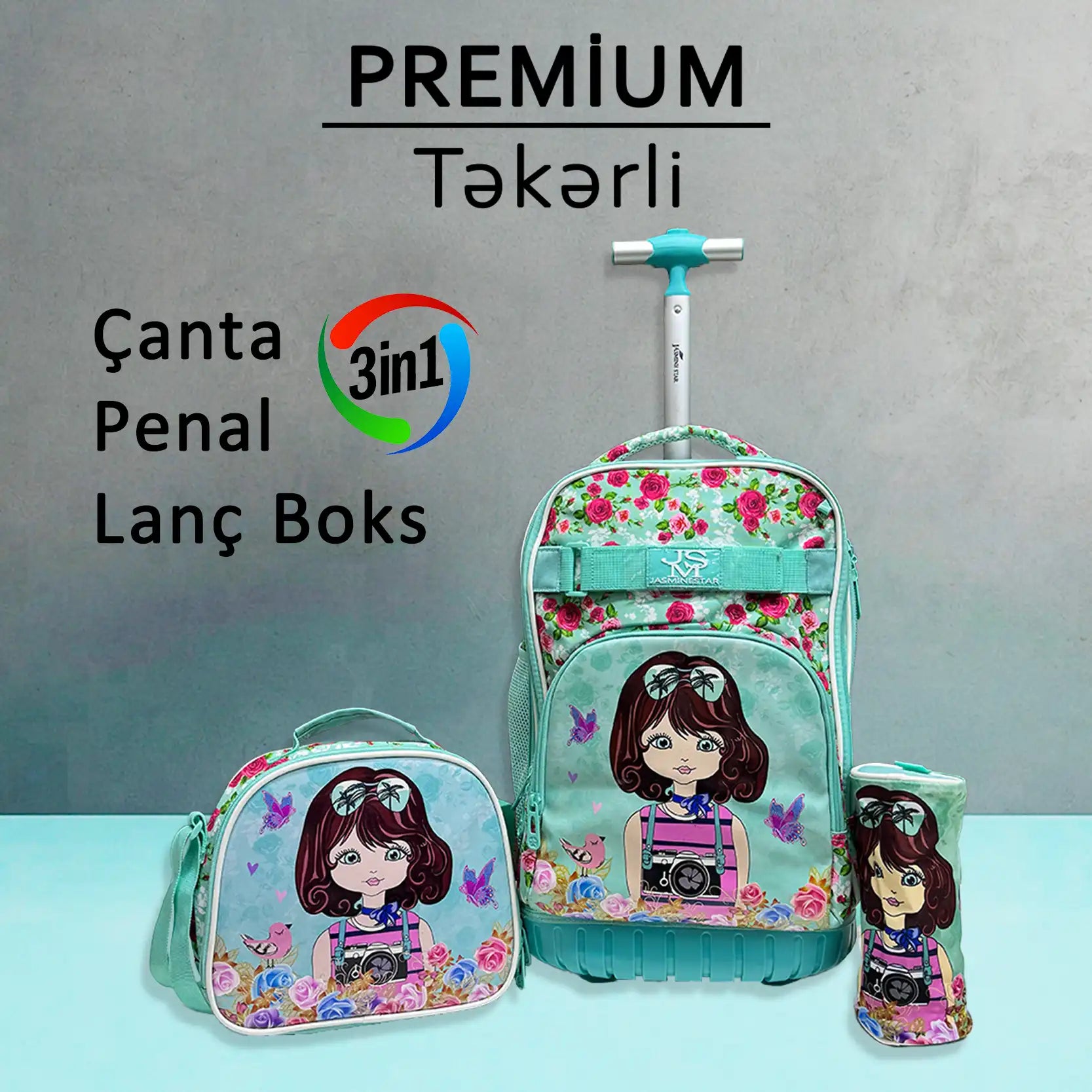 Premium Təkərli çanta dəsti "Jasmine Star" Çanta + Lanç Boks + Penal