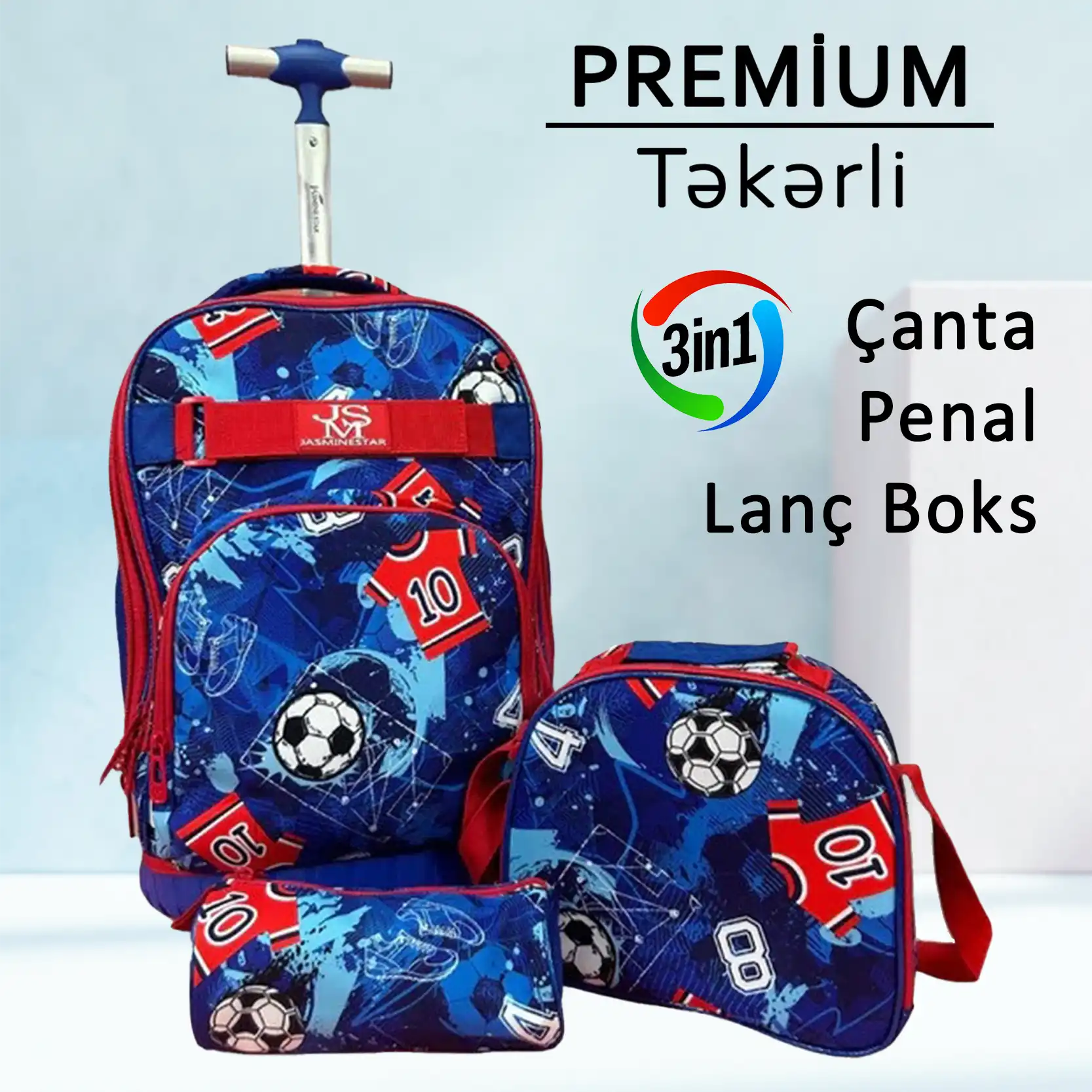 Premium Təkərli çanta dəsti "Jasmine Star FootBall" Çanta + Lanç Boks + Penal