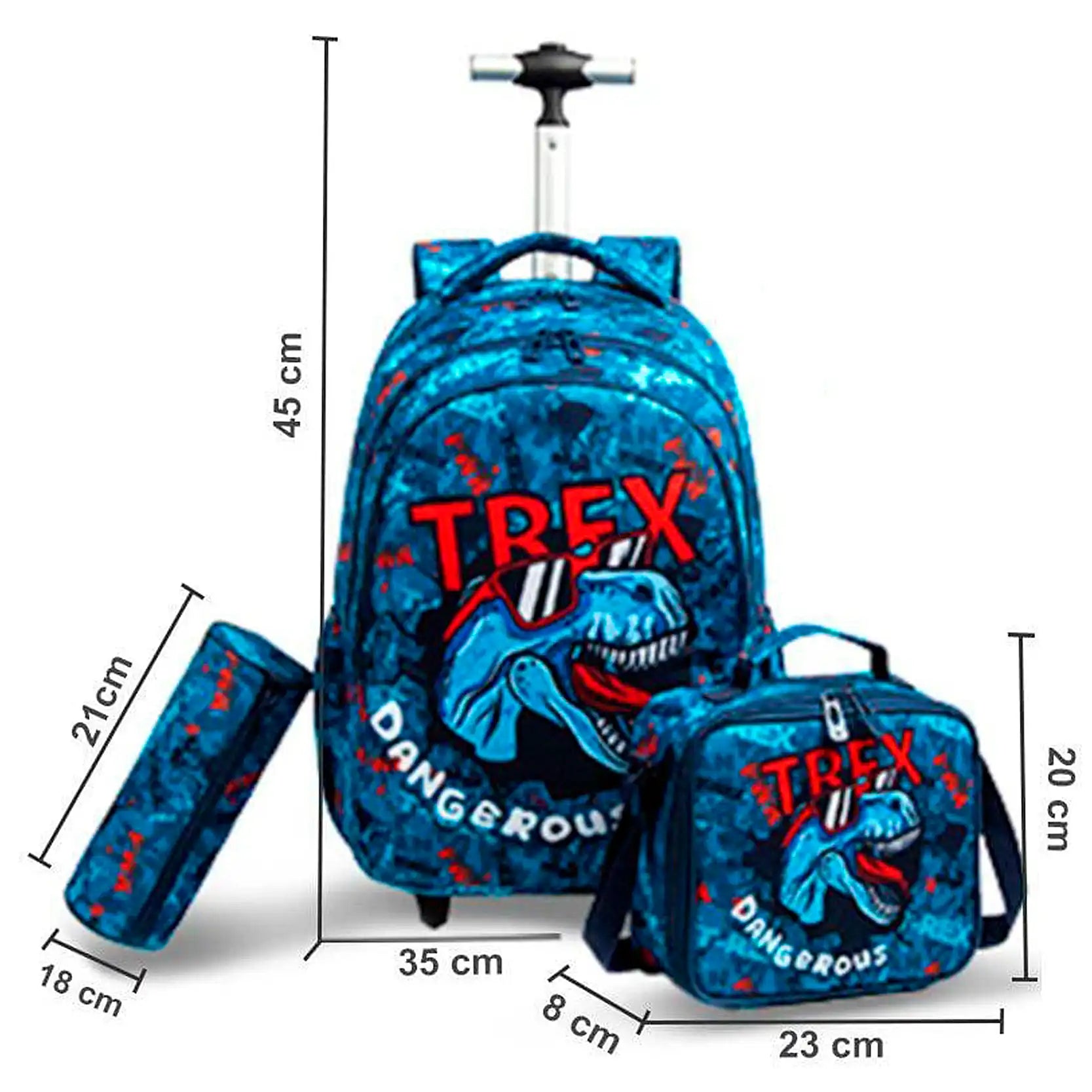 Premium Təkərli çanta dəsti "Jasmine Star T-Rex" Çanta + Lanç Boks + Penal