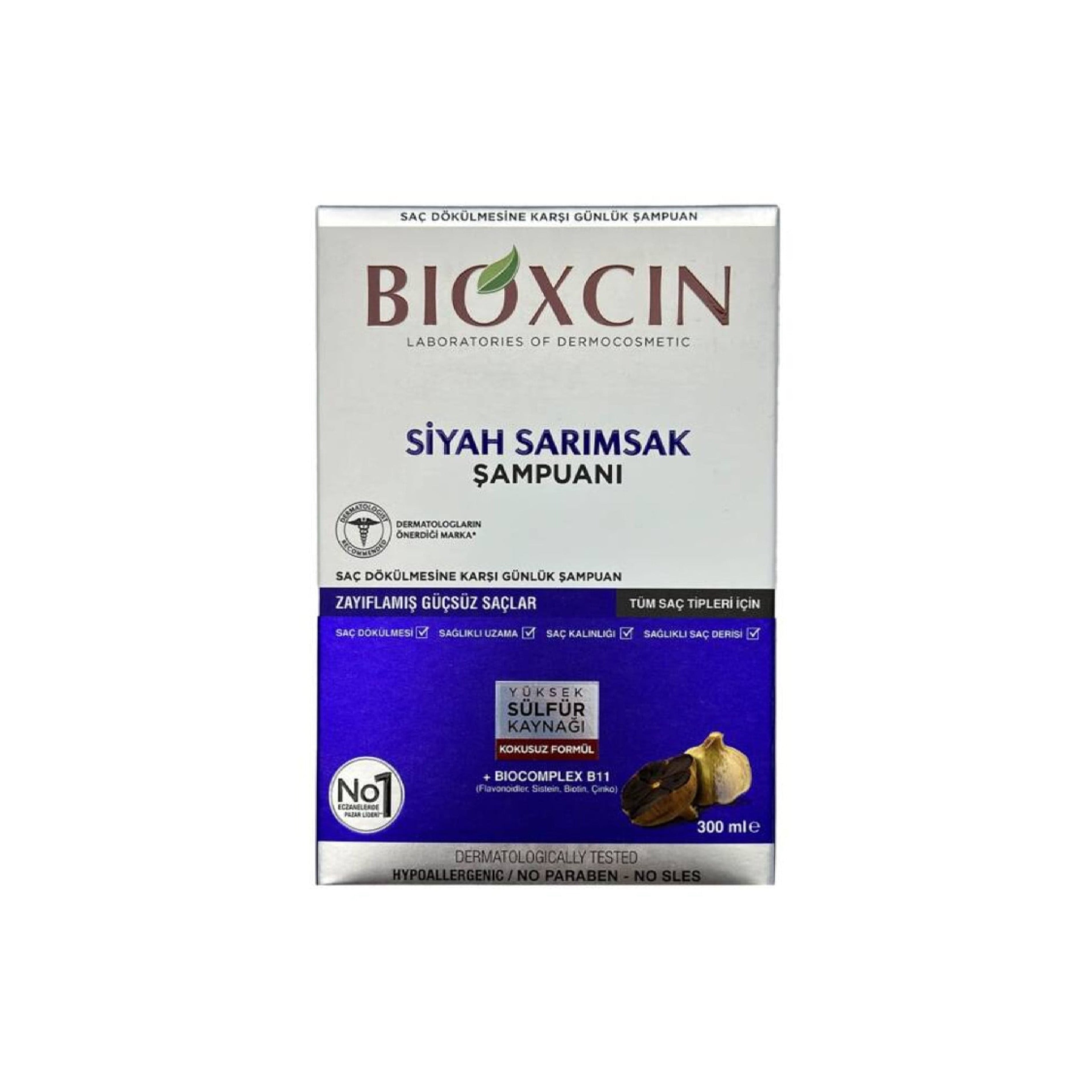 Saç tökülməsinə qarşı qara sarımsaq tərkibli şampun Bioxcin zəifləmiş və gücsüz saçlar üçün, 300 ml