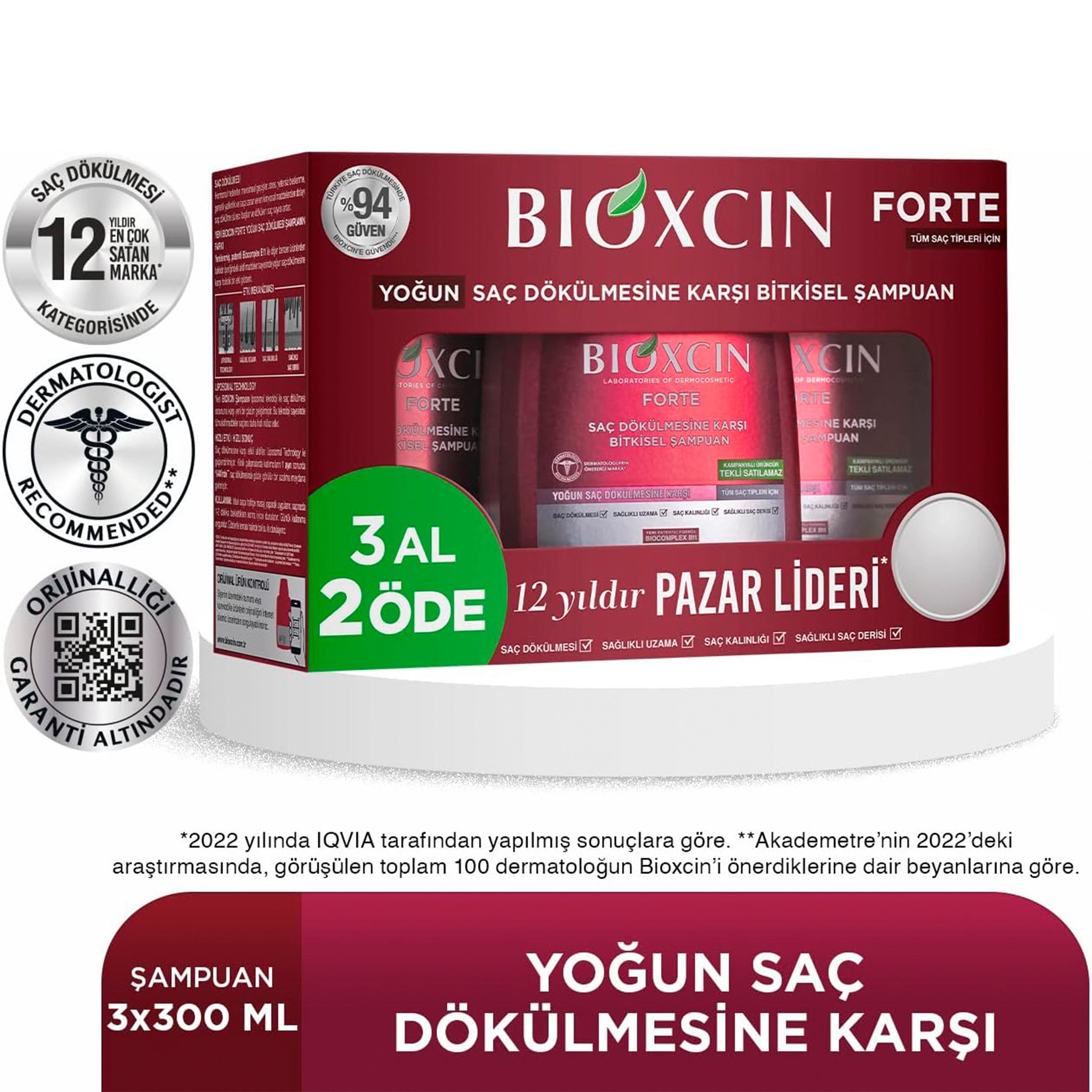 Saç Tökülməsinə Qarşı Şampun, Bioxcin Forte 300 ml x3